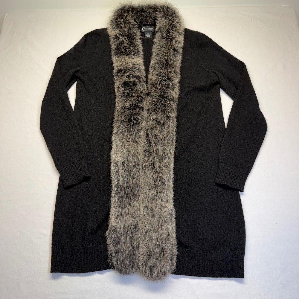 C By Bloomingdale's 100% Cashmere Fox Fur Trim Cardigan Sweater Coat XL Black